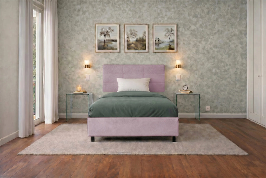 Letto Singolo Contenitore Imbottito 80x190 cm Microfibra Glicine BoxMax Testata Square