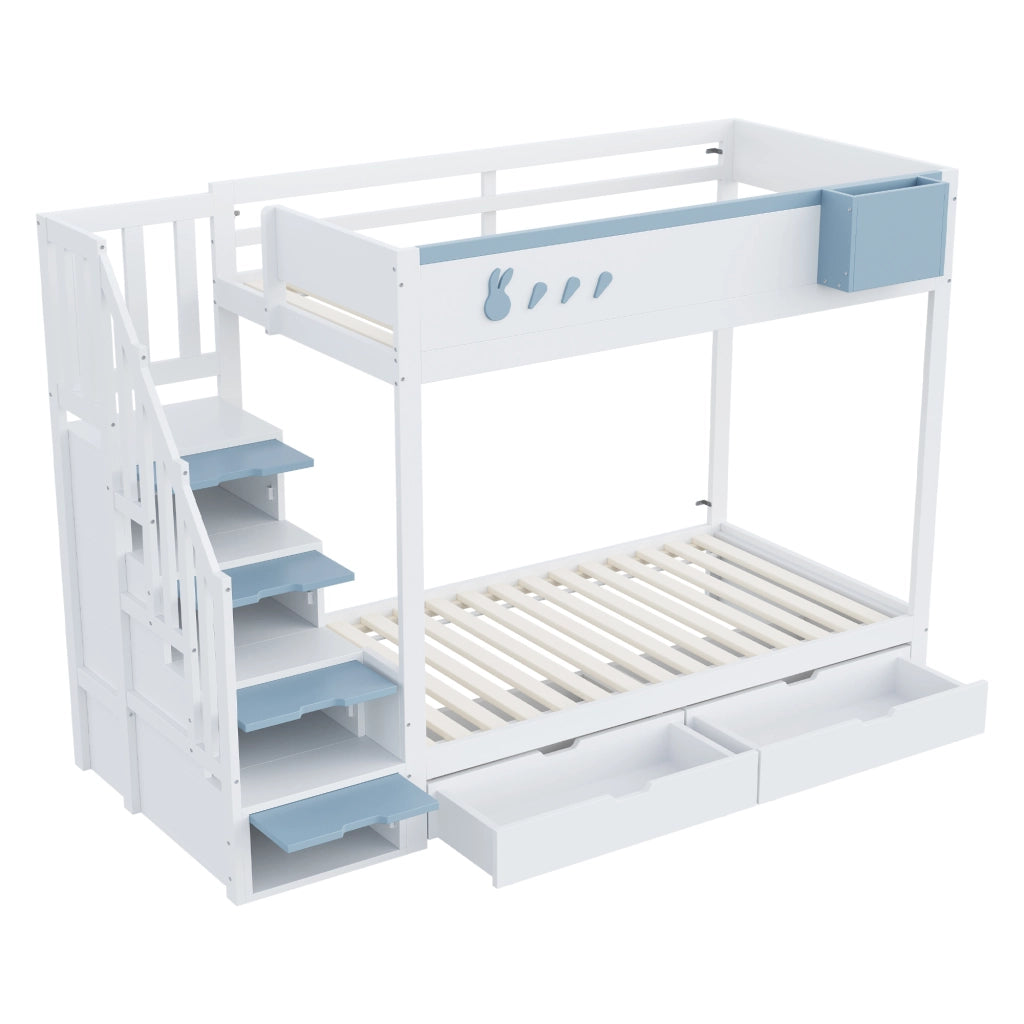 Letto a castello per bambini 90x200 cm bianco e blu con scala contenitore
