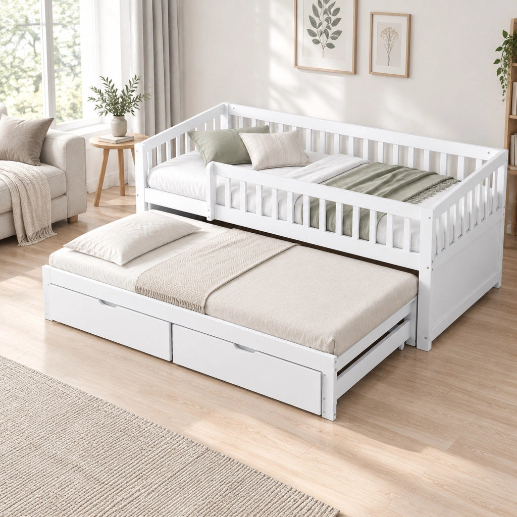 Letto divano 90x200 bianco con estraibile, 2 cassetti e 2 materassi