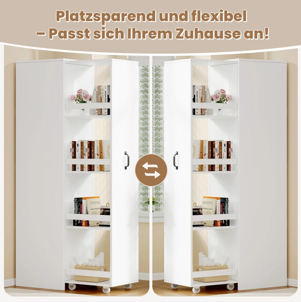 Libreria stretta bianca in MDF con ruote e contenitori, 40 × 30 × 160,5 cm
