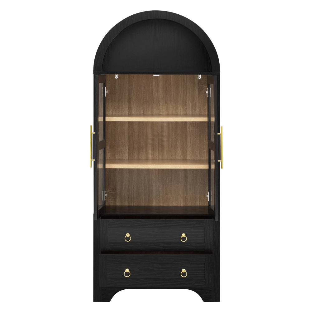 Credenza alta nera con ante in vetro e ripiani regolabili