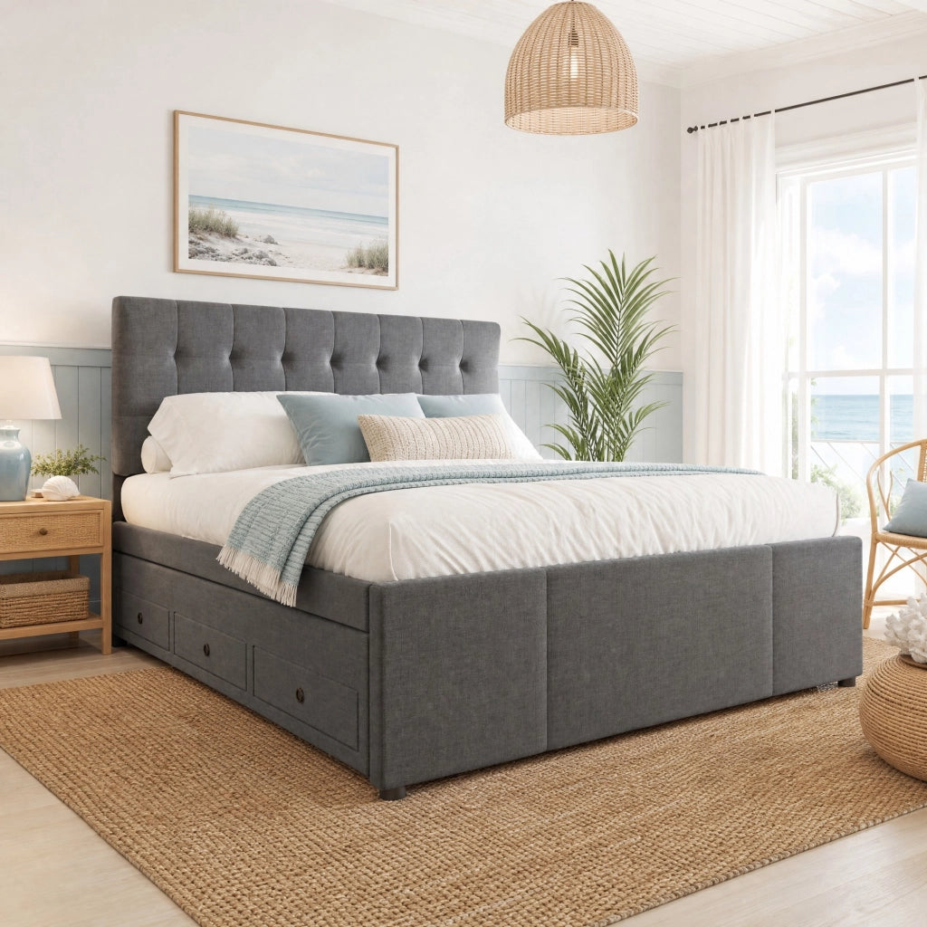 Letto 180 ¡Á 200 cm con contenitore idraulico; testiera lunga in velluto beige; lampade da lettura e USB