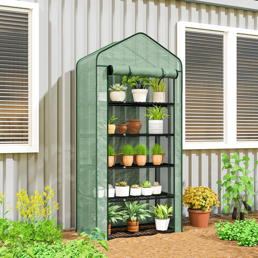 Serra a Casetta per Piante a 5 Livelli in Acciaio e PE con Telo Avvolgibile, per Giardino e Balcone, Verde, 90x49x193 cm