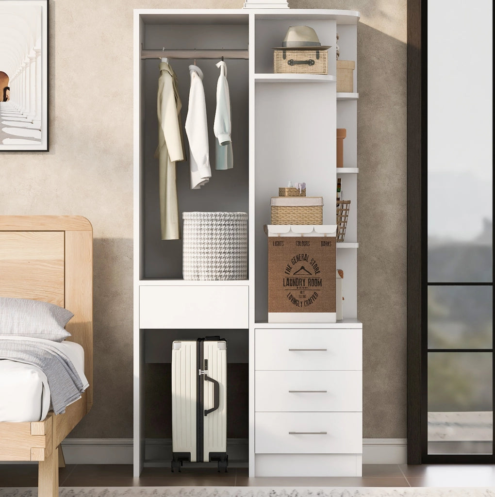 Armadio bianco e color legno con ripiani, appendiabiti e cassetti