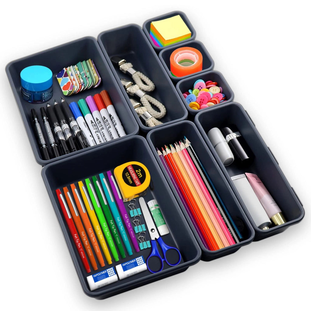 Set di 8 organizer per cassetti, contenitori, 3 dimensioni, grigio scuro