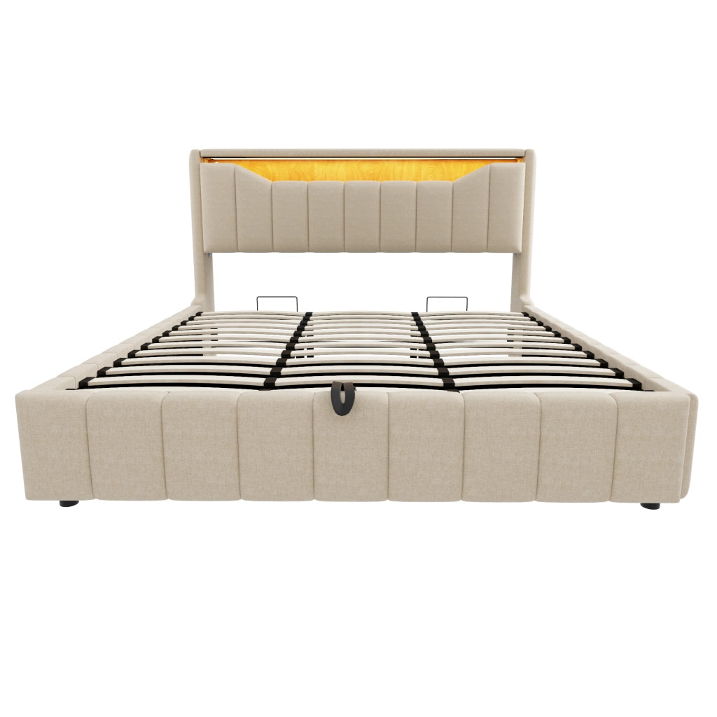 Letto matrimoniale contenitore 180x200 cm; imbottito beige in lino; LED e prese USB