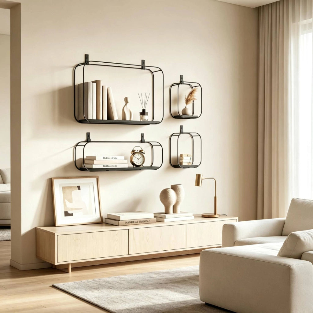 Set di 4 mensole da parete in metallo e MDF nere