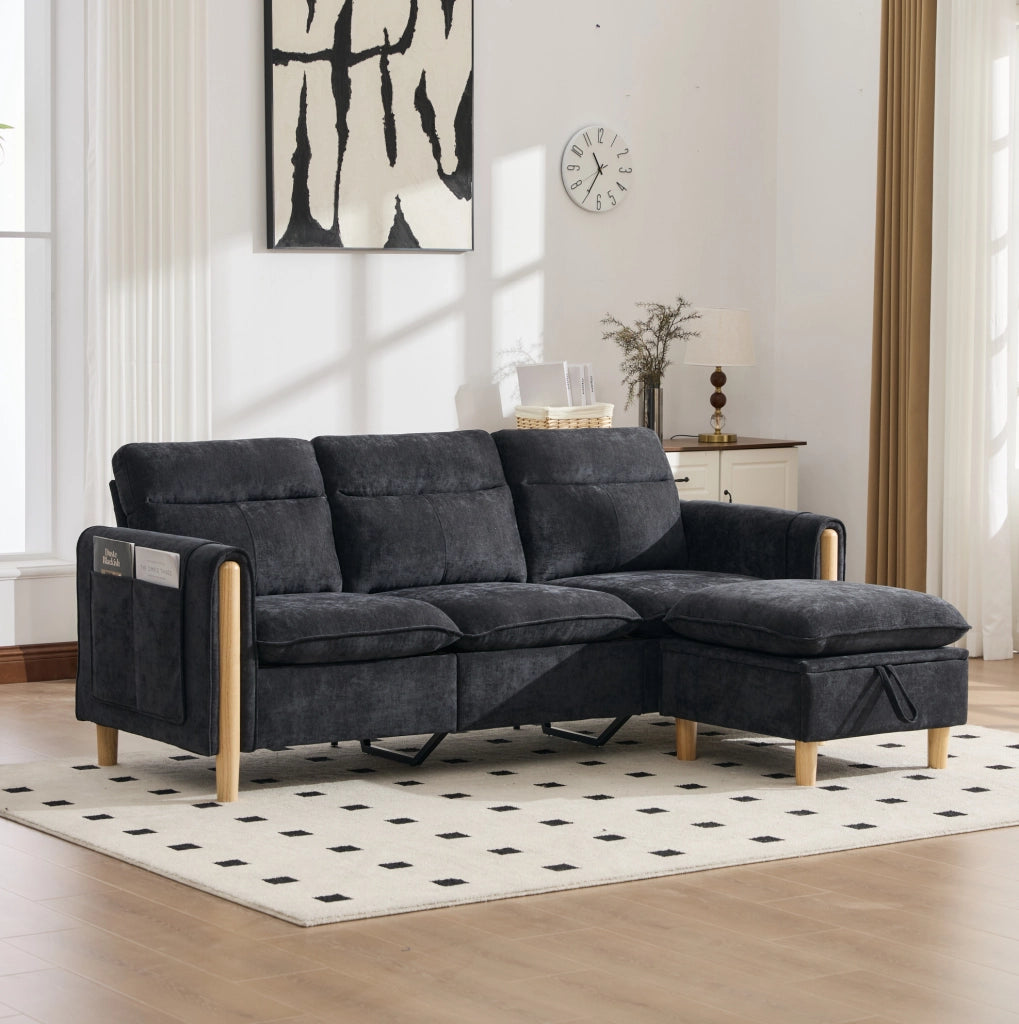 DIVANO 3 posti a L con pouf contenitore 201x77x86 cm in ciniglia nera