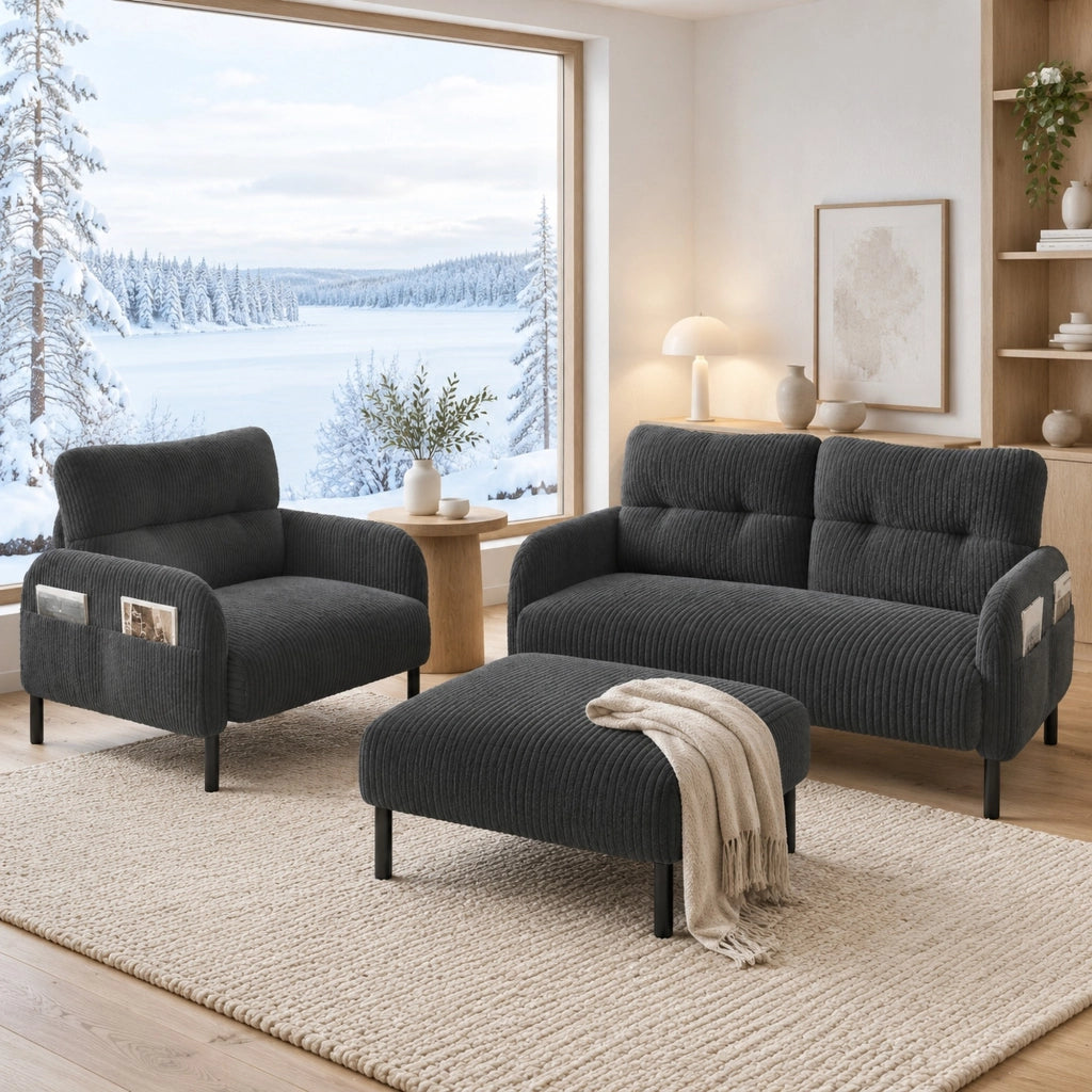 Set divano 2 posti, poltrona e pouf 120x75x79 cm grigio in velluto a coste modulare