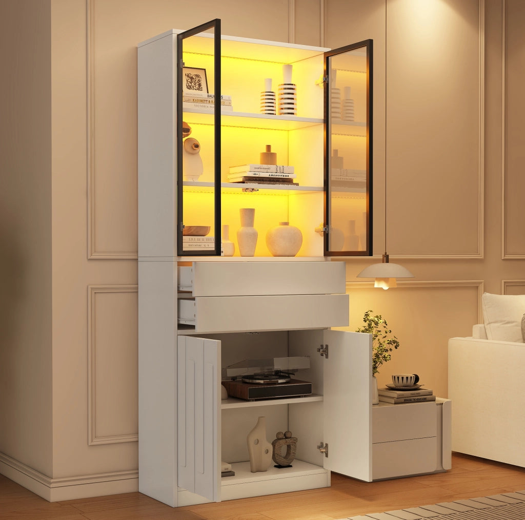 Vetrina alta con LED Bluetooth, 4 ante e 2 cassetti, 70 x 34 x 180 cm, bianca