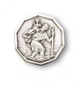Spilla a forma di Christopherus, diametro 3 cm, in bronzo placcato argento, con magnete