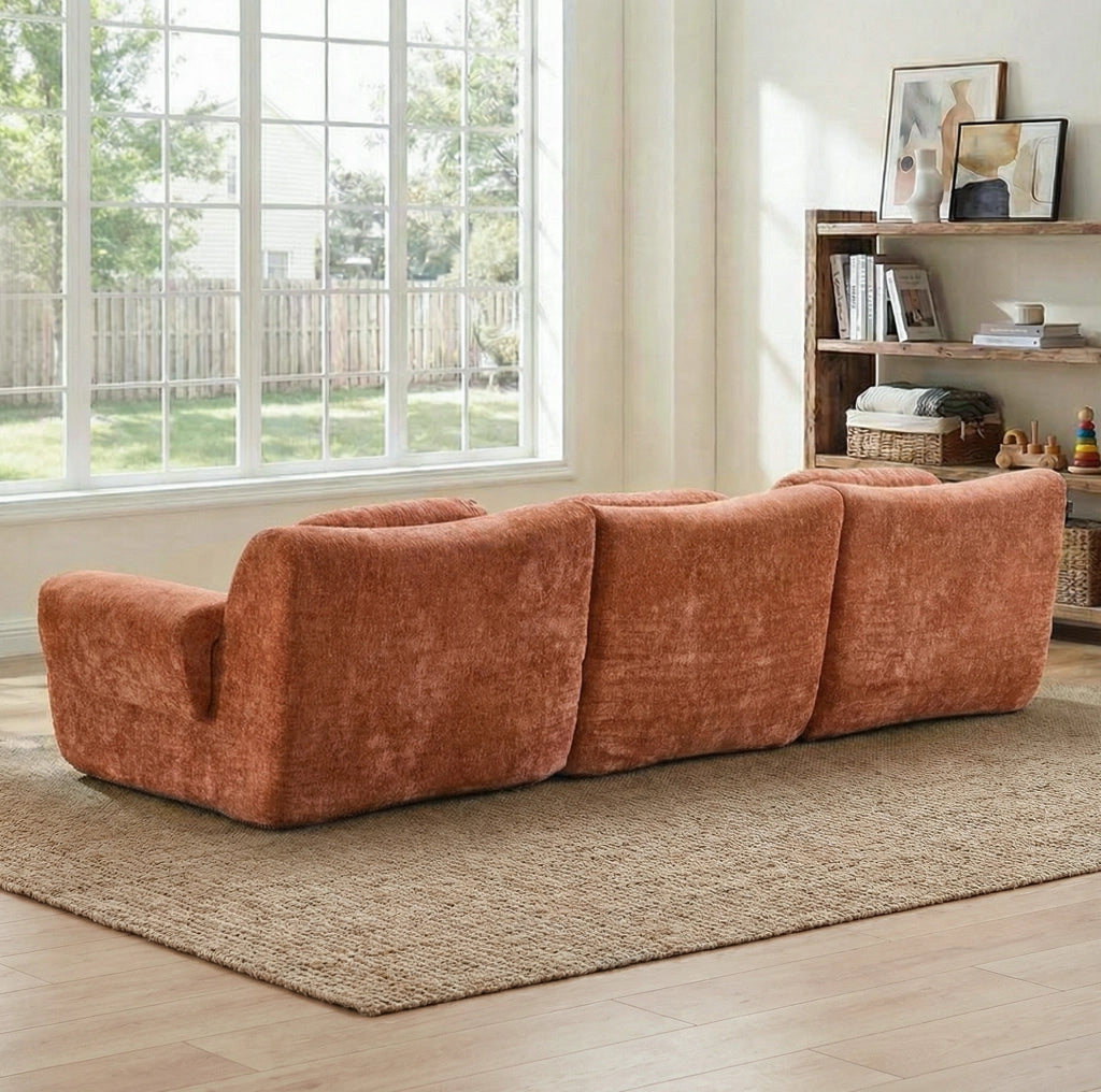 Divano 3 posti 288x101x69 cm in ciniglia arancione; design ondulato