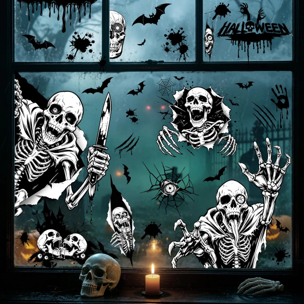 Set da 2 pellicole adesive per finestre a tema Halloween: scheletro, pipistrello, ragnatela