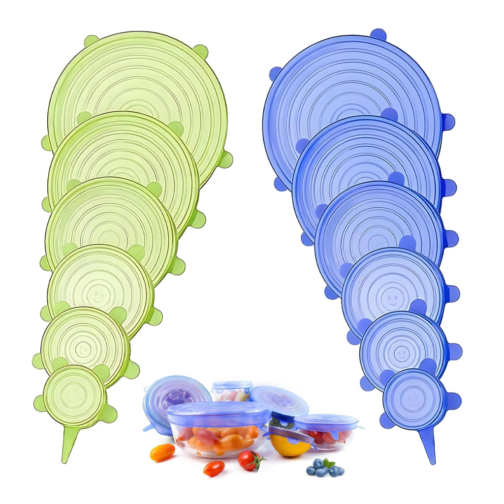 Coperchi in silicone, confezione da 12 pezzi, 6 diverse dimensioni, elasticizzati e riutilizzabili, colore blu/verde