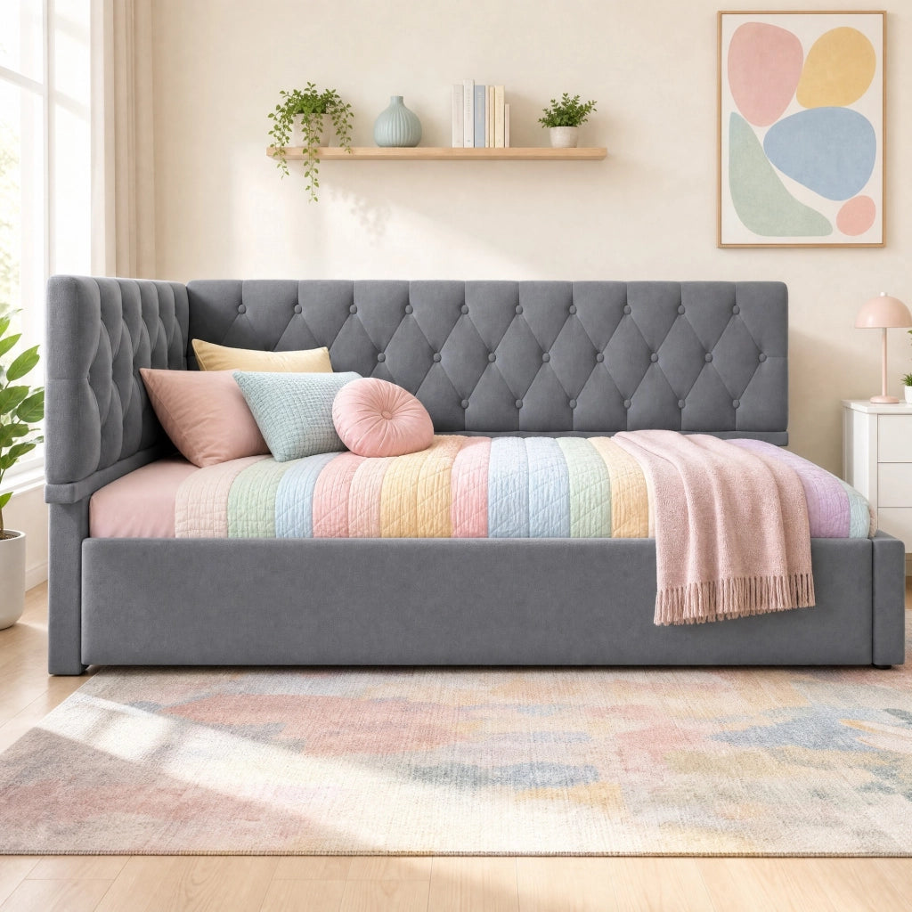 Letto singolo imbottito 90 × 200 cm con vano contenitore idraulico rete a doghe in legno velluto grigio