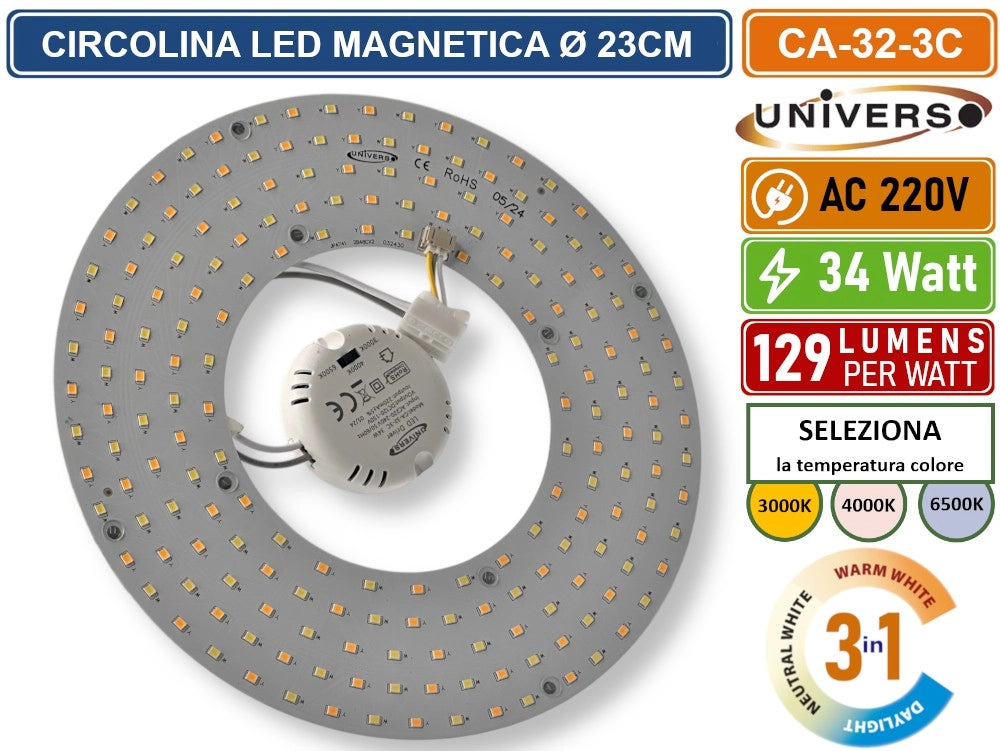 CIRCOLINA MAGNETICA NEON LED PIASTRA DISCO ANELLO PLAFONIERA CIRCOLARE LAMPADA T9 G10Q 34W Ø23CM COLORE LUCE SELEZIONABILE CCT 3IN1 3000K - 4000K -6500K