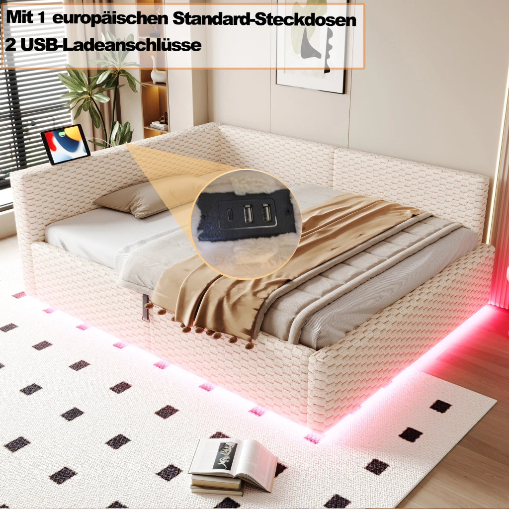 Letto imbottito 140 × 200 cm con contenitore idraulico; testiera a L LED; 2 USB e porta USB-C; velluto beige