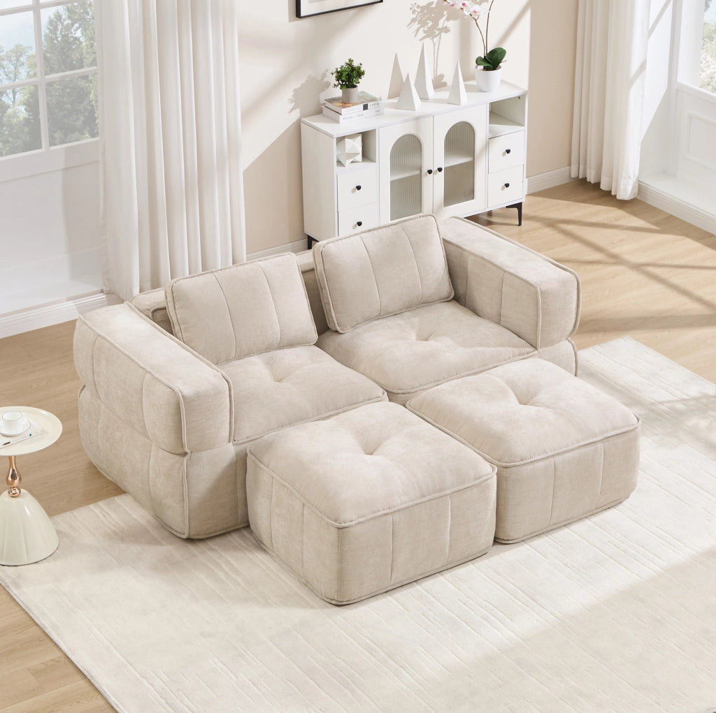 Divano modulare beige in poliestere con pouf