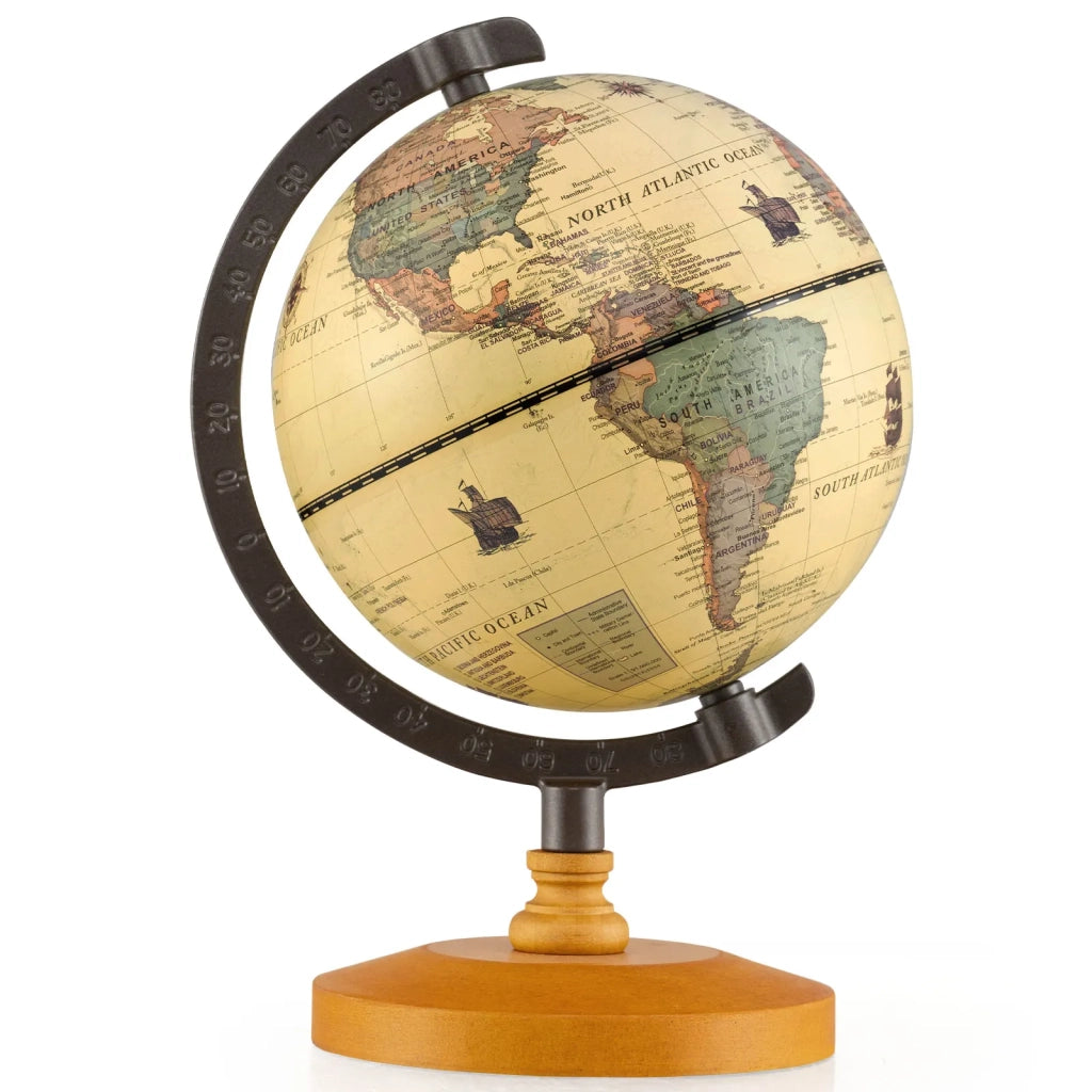 Mini Mappamondo Rotante Vintage Dia 5.5 Inch con Base in Legno e Supporto in Metallo Bronzo da Tavolo