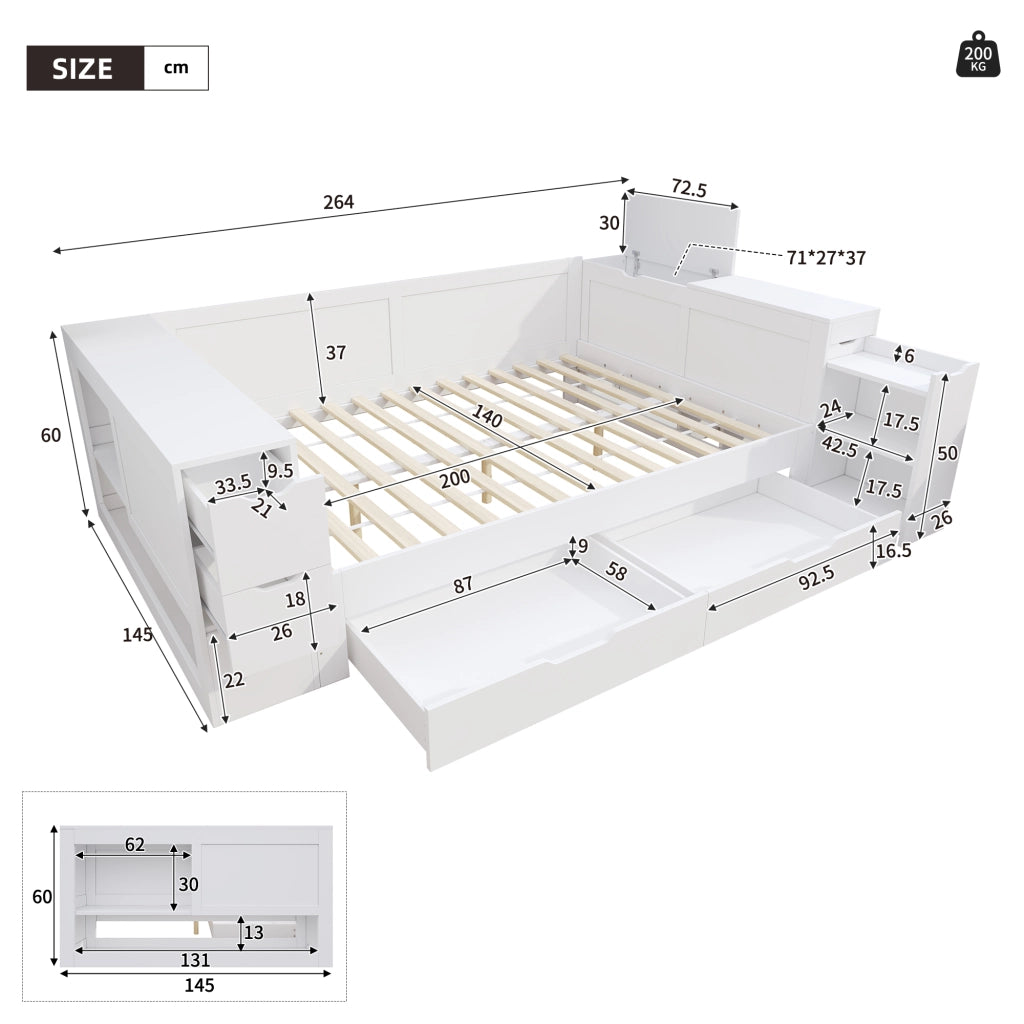 Letto contenitore 140x200 cm in MDF bianco con cassetti; armadietti e comodino integrato