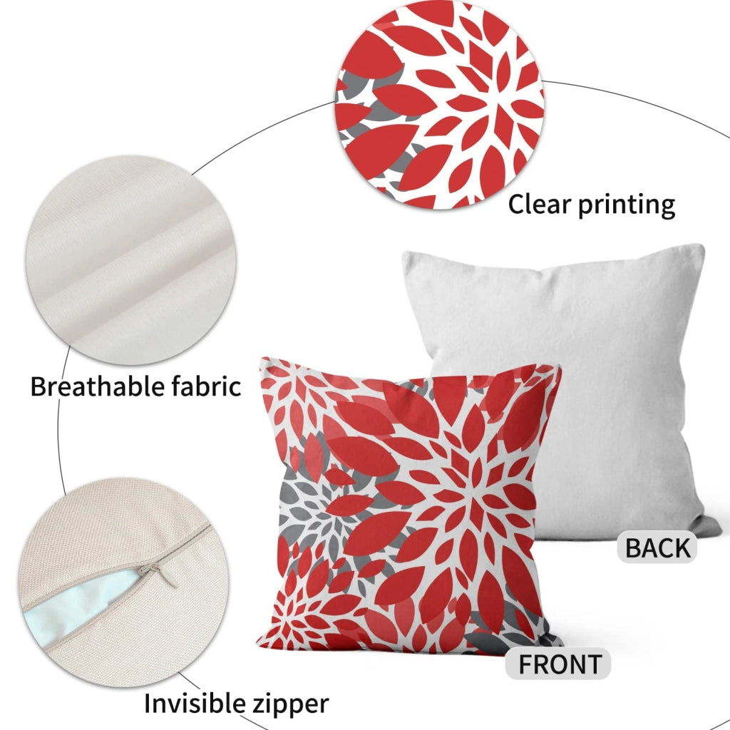 Coperte per cuscini, 45x45 cm, set da 4, motivo floreale rosso e grigio, in lino