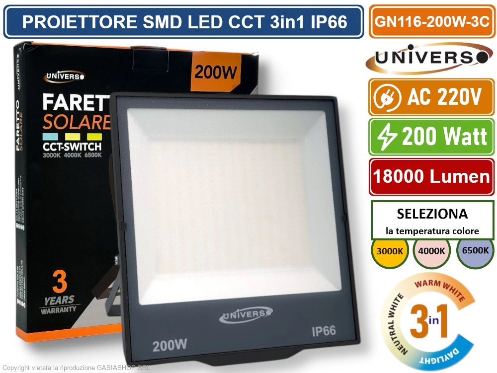 UNIVERSO GN116-200W-3C FARO PROIETTORE SMD LED FLOODLIGHT 200W SLIM IP66 COLORE GRIGIO CCT 3in1 COLORE LUCE SELEZIONABILE