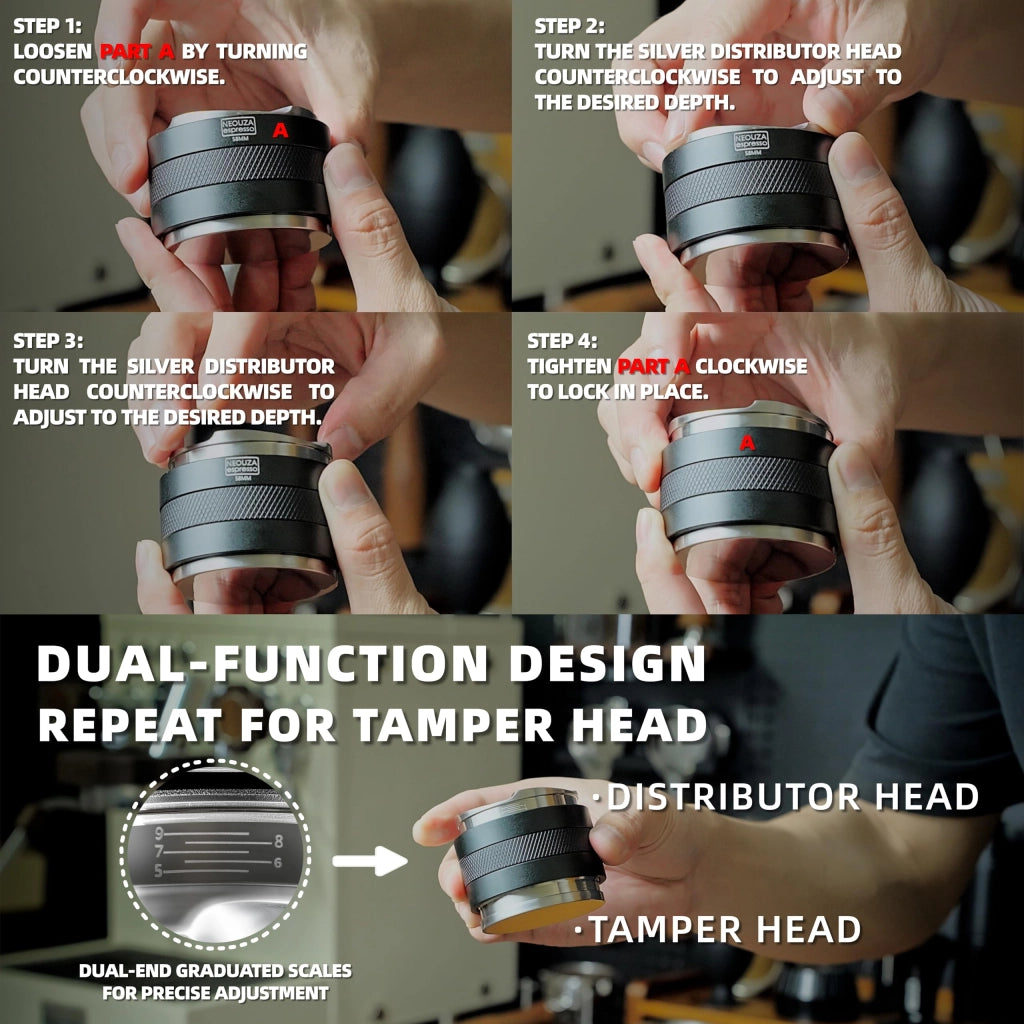 Distributore e pressino per caffè da 51 mm, 2-in-1, con profondità regolabile, in acciaio inossidabile