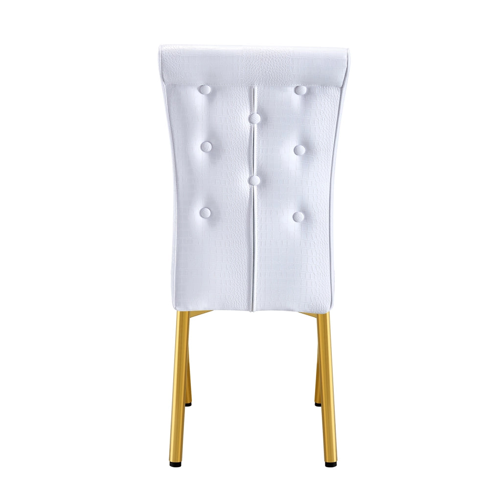 Sedia da pranzo con dettagli a bottone in cristallo in metallo e PVC oro e bianco