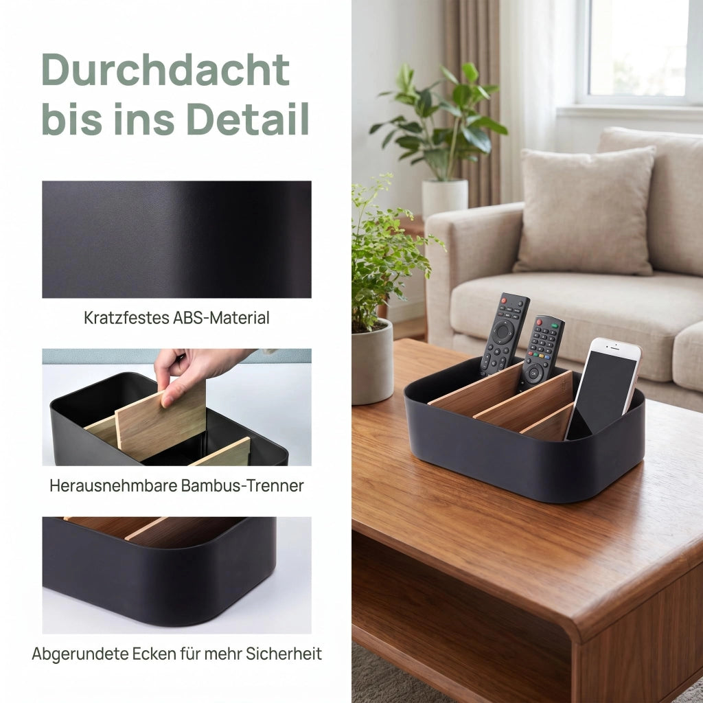 Contenitore con 4 scomparti, in plastica e bambù, dimensioni 23,7x16,5x8,2 cm, colore nero