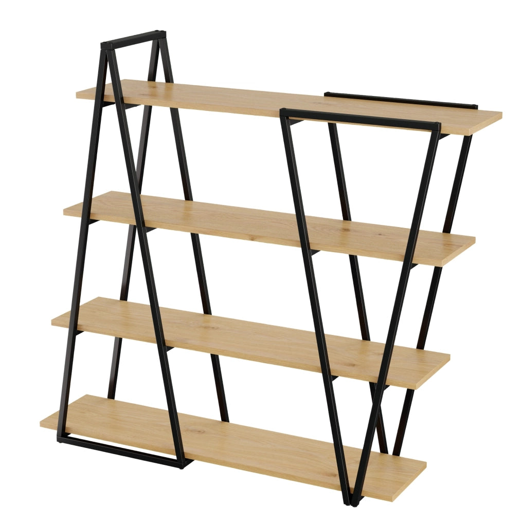 Libreria aperta geometrica 158x35x166 cm in MDF nero e legno, 4 ripiani