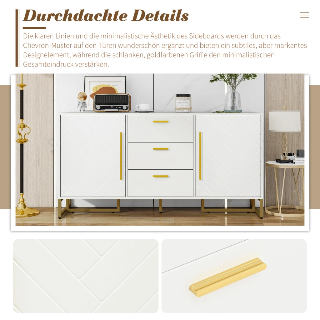 Credenza con 2 ante e 3 cassetti in MDF bianco con ripiani regolabili e motivo a chevron