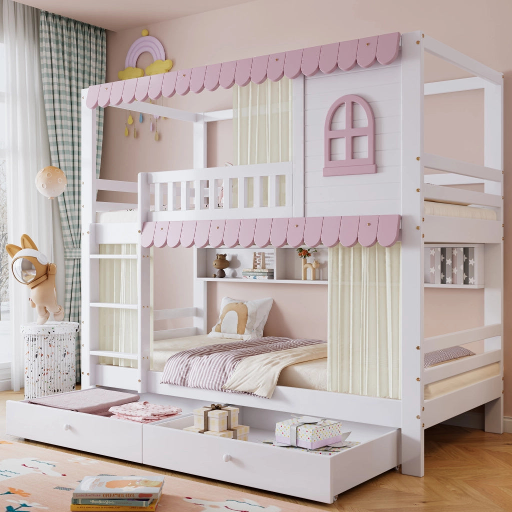 Letto a castello per bambini 90x200 cm con cassetti e ripiani in pino e MDF bianco e rosa