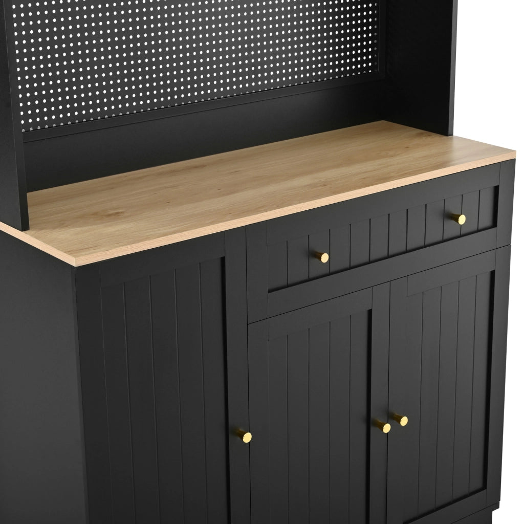 Credenza alta nera con vetrina, ripiani regolabili e pannello forato, 103,5 x 40 x 180 cm