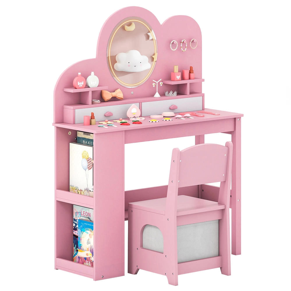 Set toeletta per bambini con specchio a luci LED tavolo da trucco e sedia con 2 cassetti e libreria a 2 livelli rosa