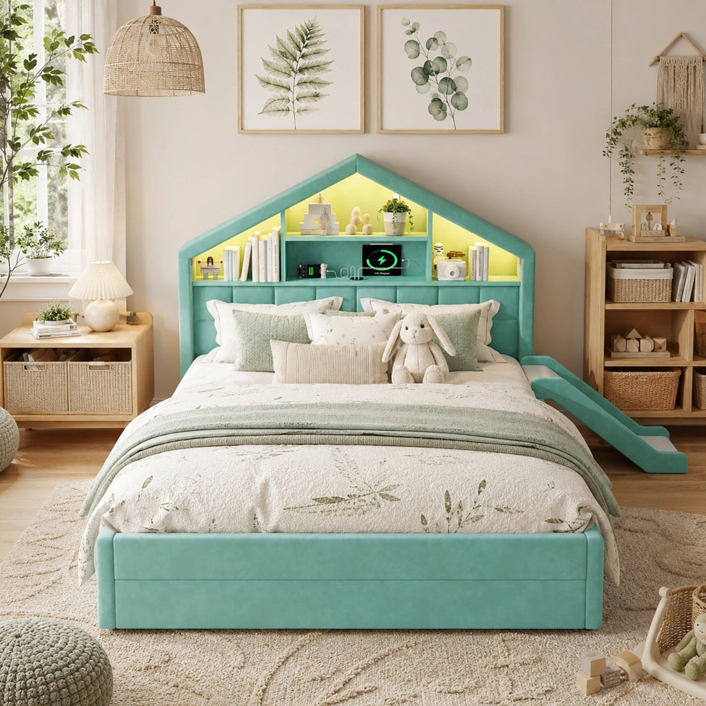 Letto per bambini 140 x 200 cm in velluto blu e verde con scivolo e contenitore