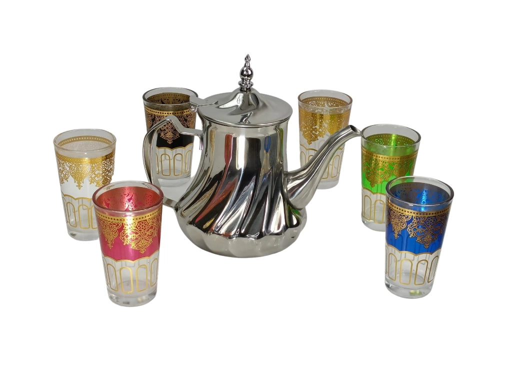 Set da tè marocchino con vassoio, teiera, 6 bicchieri, 9 pezzi