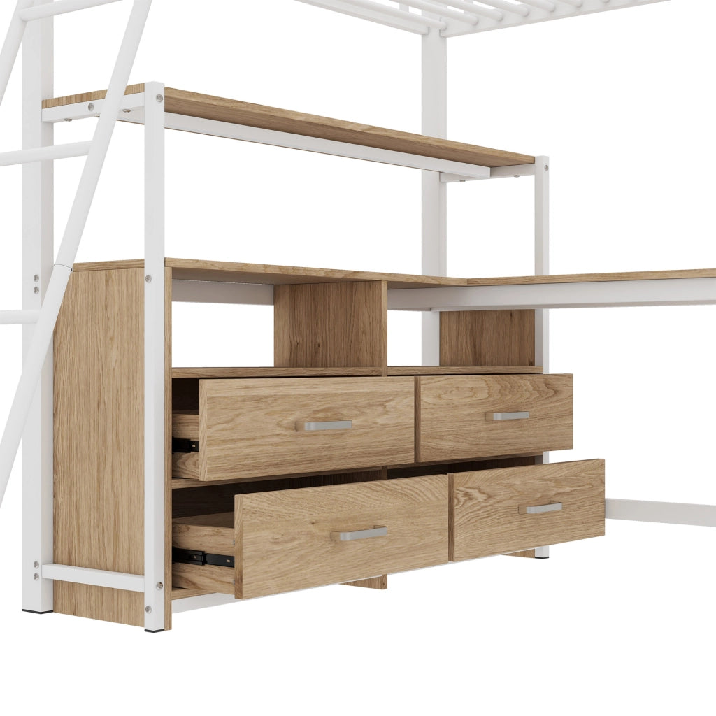 Letto a soppalco 140 × 200 cm con scrivania a L cassetti struttura in metallo e MDF bianco