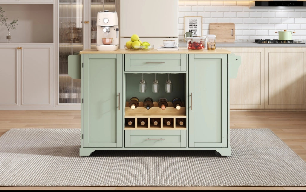 Isola cucina mobile con piano di lavoro pieghevole, carrello su ruote con portabottiglie, porta bicchieri, scaffale per spezie e porta asciugamani, 138x45/70x92 cm, verde
