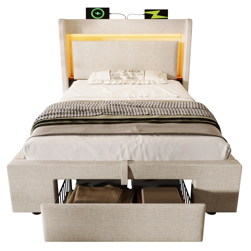 Letto singolo 90x200 cm beige con contenitore idraulico e illuminazione LED