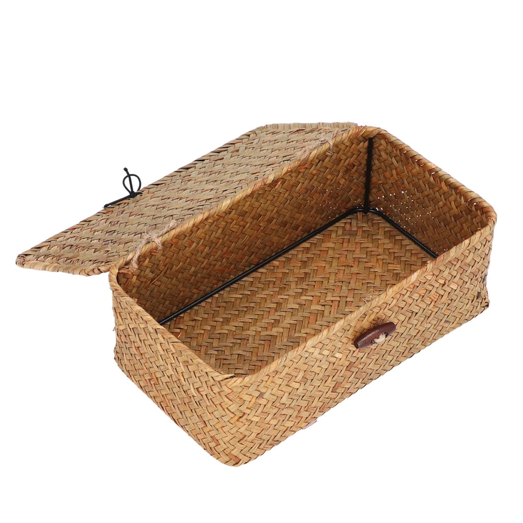 Cesto rettangolare con coperchio, realizzato in giunco di mare, dimensioni 30x20x13 cm