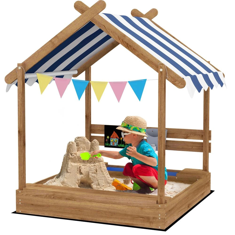 Sabbiera per Bambini a Casetta in Legno con Tettuccio Lavagna e 2 Vaschette da Giardino Robusta Nero 124 x 116 x 146 cm