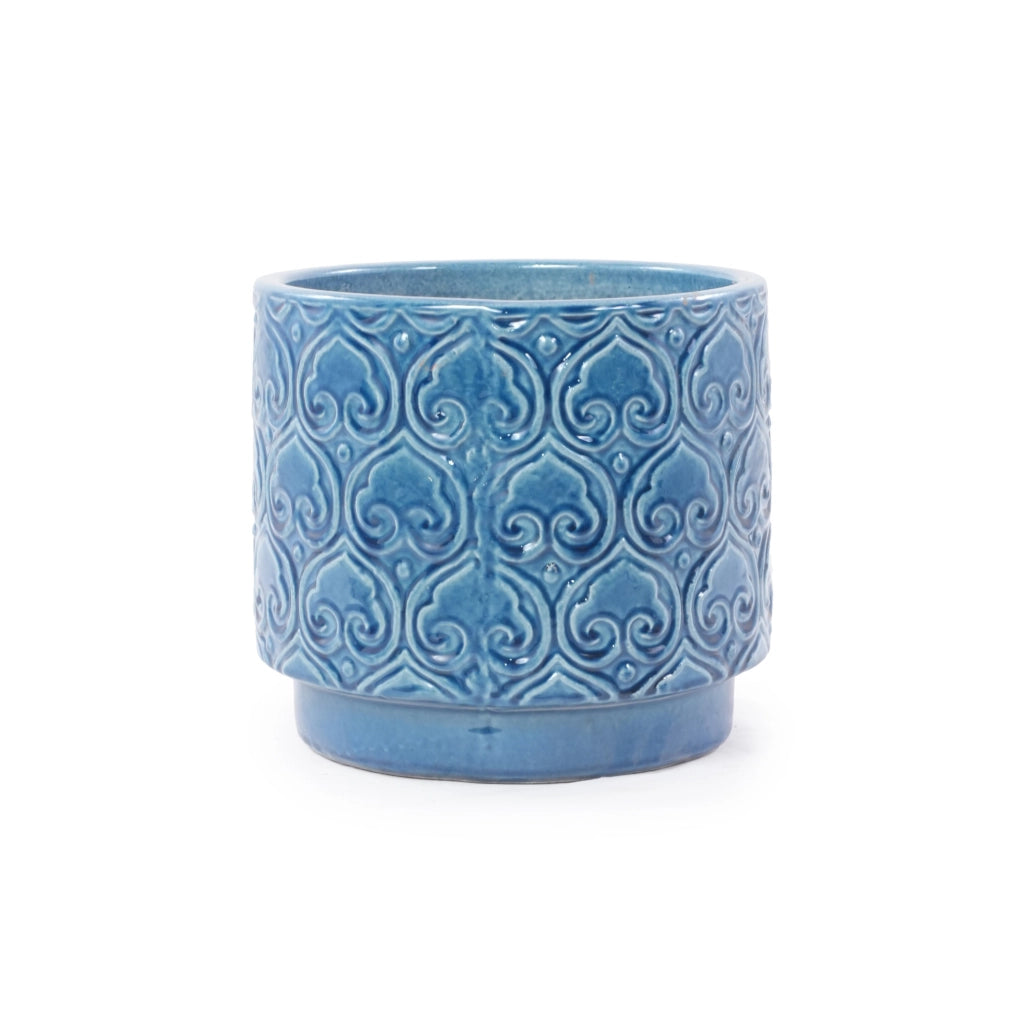 Vaso in ceramica blu Ø 19 cm con rilievo floreale