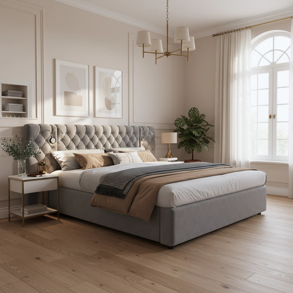 Letto contenitore 160 ¡Á 200 cm con due comodini rete a doghe in legno rivestito in lino grigio e nero