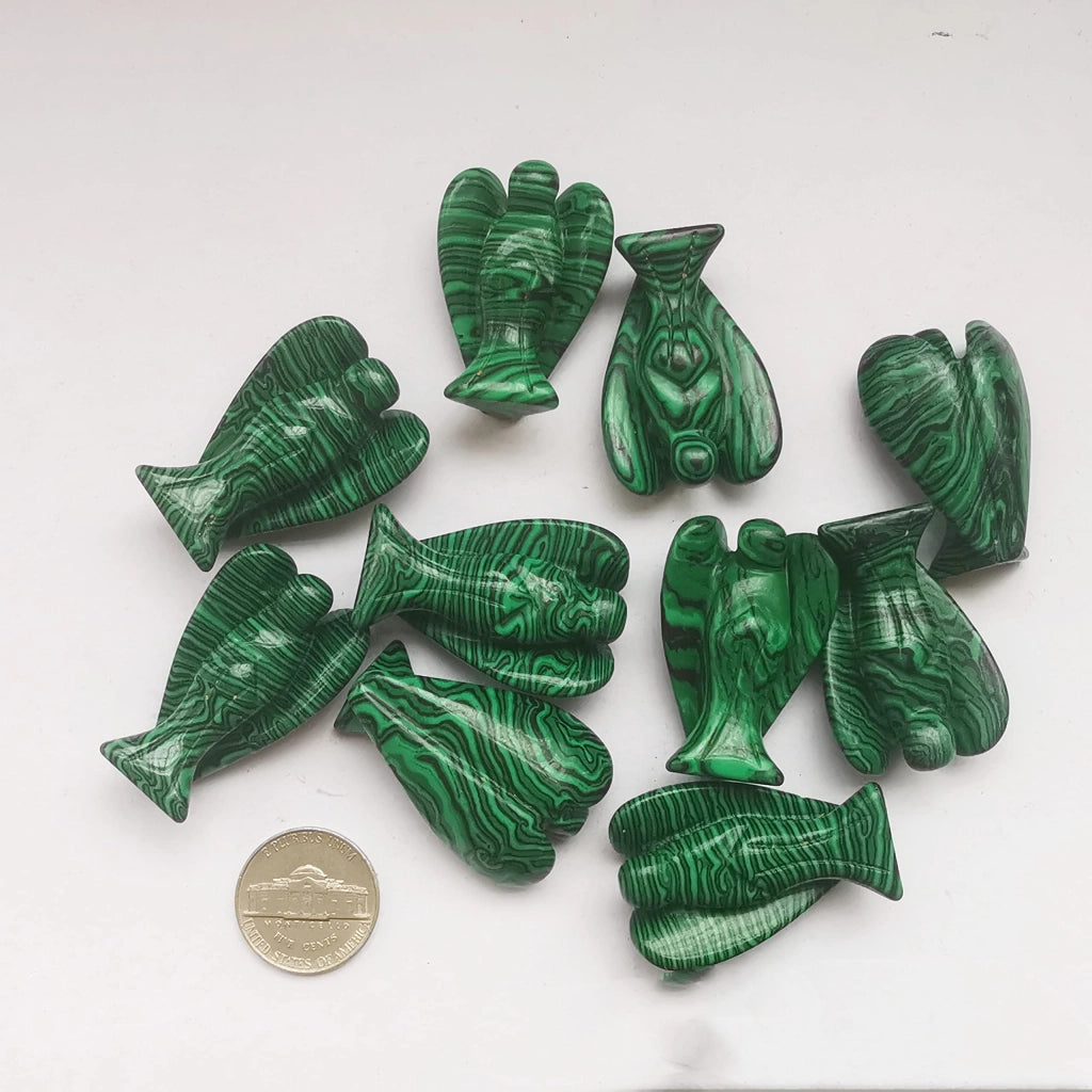 Statua dell'angelo custode in malachite, 38 mm, intagliata a mano, 1 pezzo