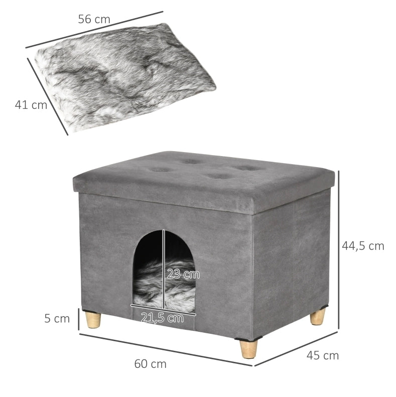 Cuccia per gatto 2 in 1 60 x 45 x 44,5 cm in MDF grigio, pouf sfoderabile imbottito