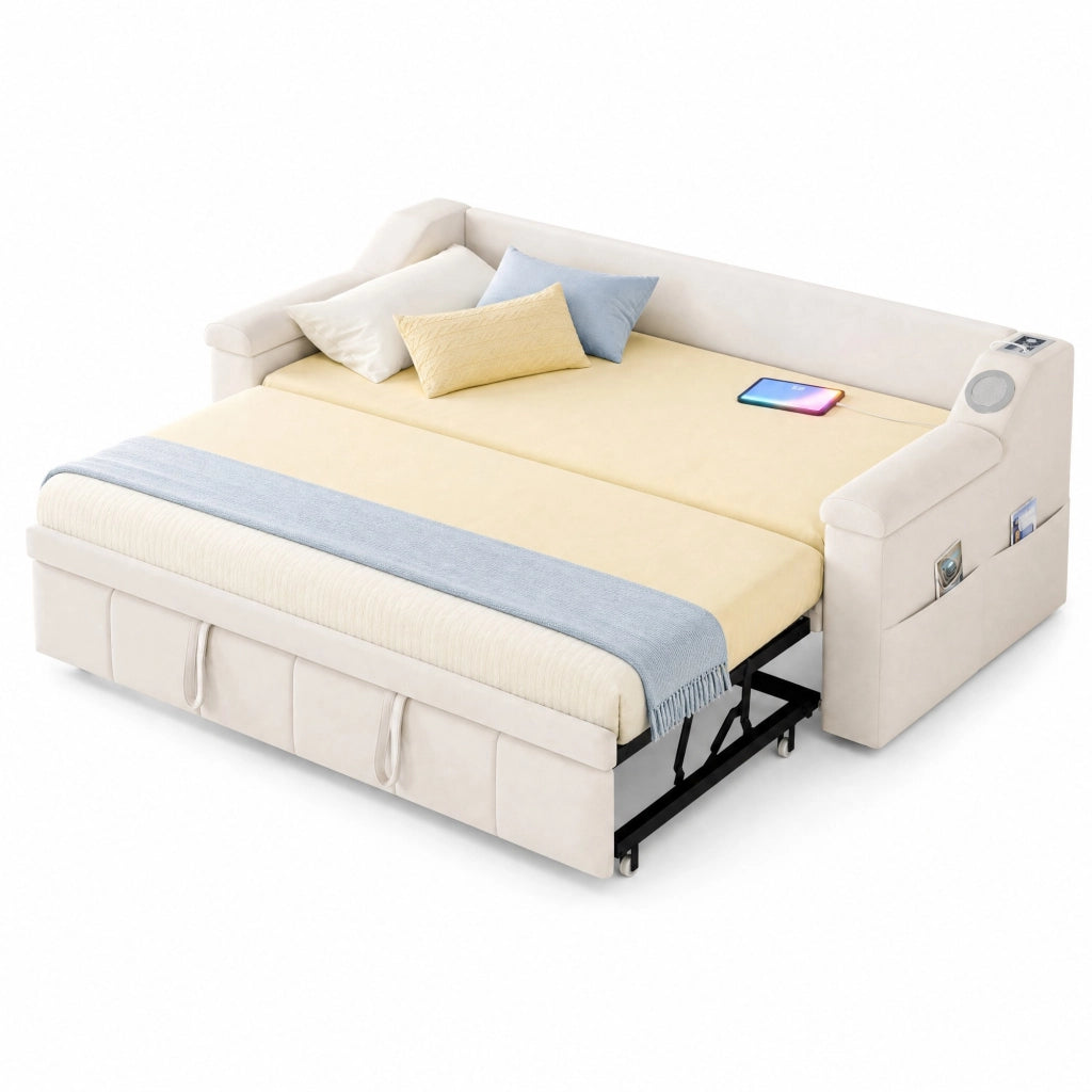 Divano letto imbottito 90/180x190 cm con braccioli ampi, tessuto vellutato beige, Bluetooth e porte USB integrate