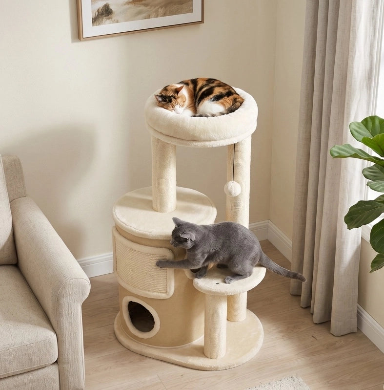 Tiragraffi beige a 4 livelli con cuccia e sisal