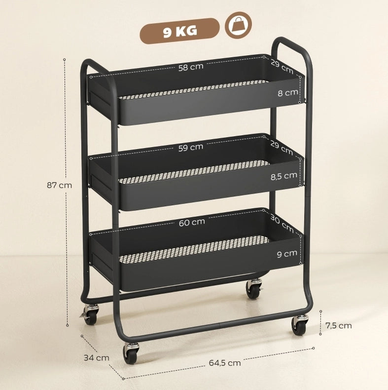 Carrello da cucina nero in metallo con 3 cestelli e 4 ruote, 64,5x34x87 cm