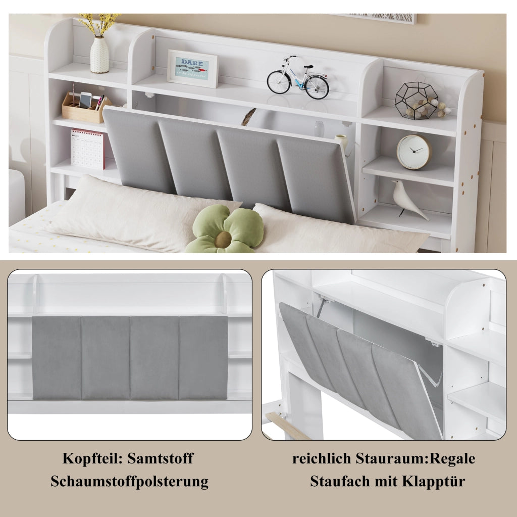 Letto matrimoniale ULEVR 160x200 cm con 3 cassetti su ruote, ripiani aperti e vano nella testiera, bianco