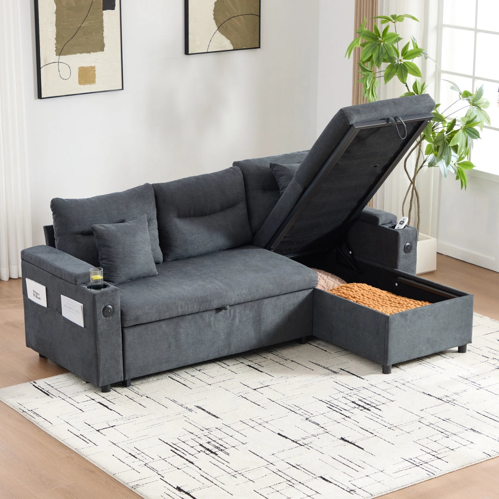 Divano letto 3 posti 212;5x136 cm con chaise longue contenitore; USB-C e portabevande; lino grigio scuro